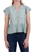 [135618-329] WOMENS LUCKY BRAND OTT FLUTTER SLEEVE TOP - SAGE