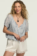 [157946-420] WOMENS LUCKY BRAND SHORT SLEEVE BUBBLE TOP - BLUE FLORAL