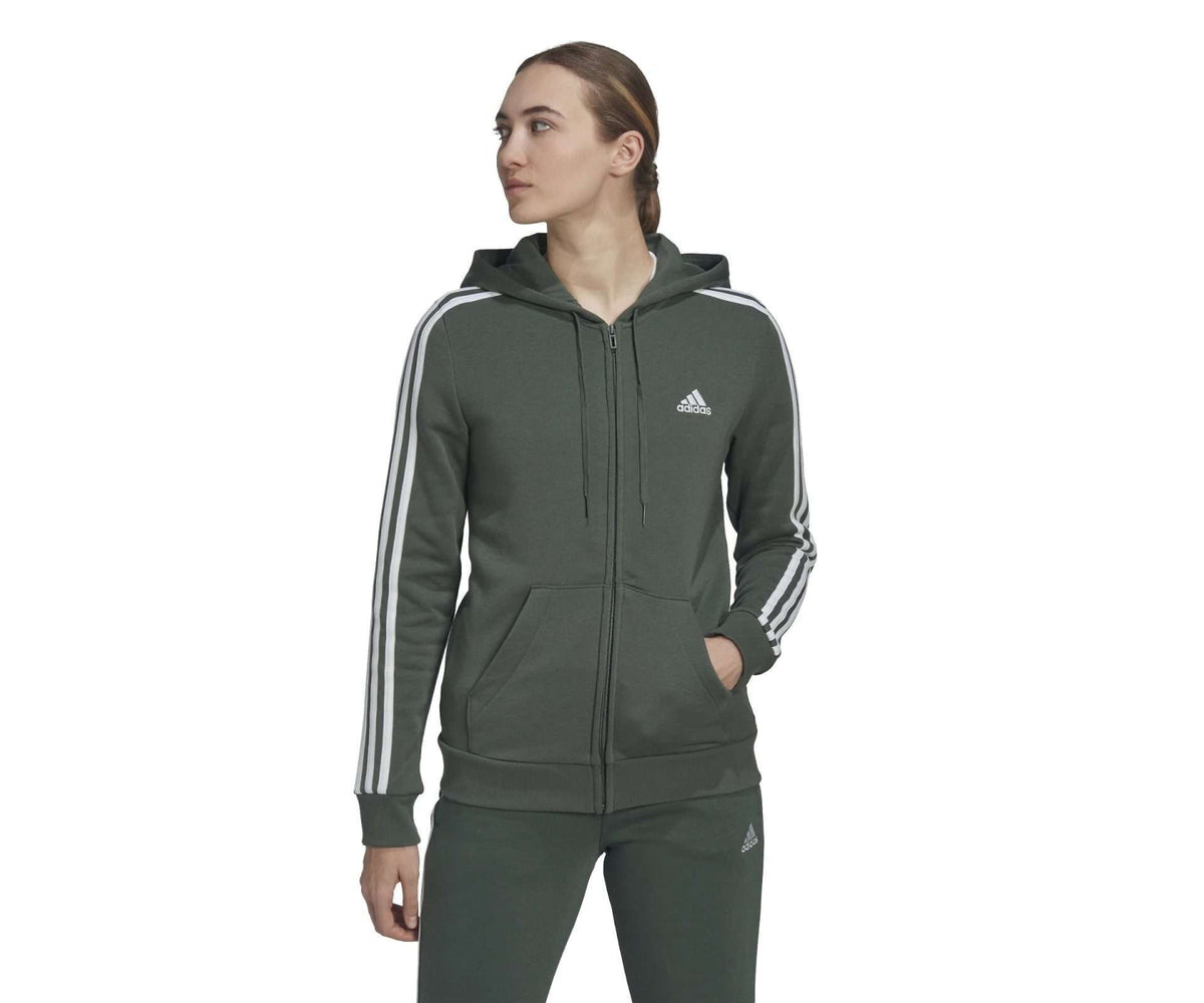 adidas Women's Essentials Fleece 3-Stripes Full-Zip Hoodie - GREEN OXIDE WHITE