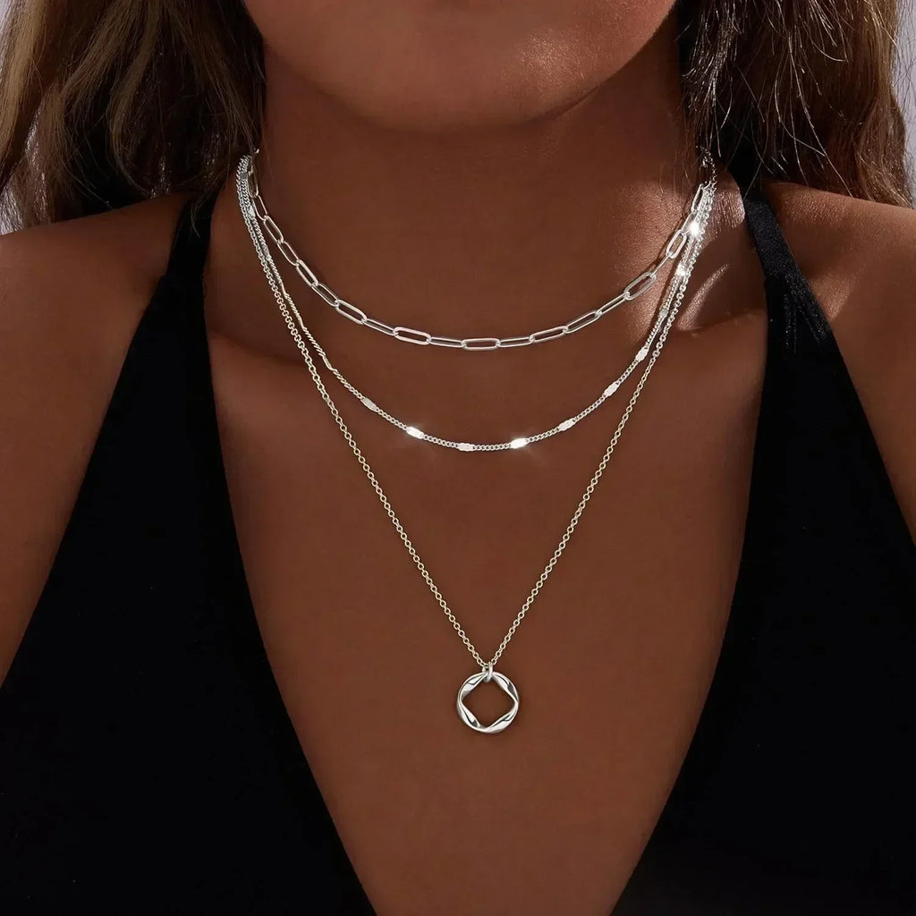 Layered Gold Necklaces for Women Stackable14K Gold Silver Plated Circle Paperclip Chain Pendant Choker Necklace Set For Woman