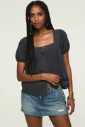 [147172-300] WOMENS LUCKY BRAND SHORT SLEEVE SQUARE NECK TOP - INDIA INK